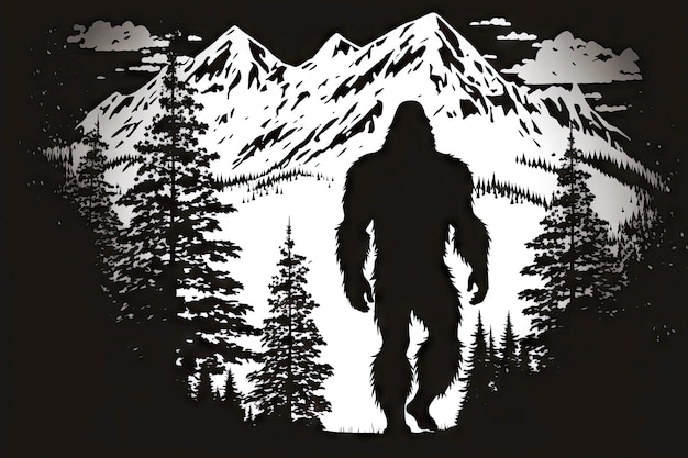 Schwarz-Weiß-Landschaft mit Schnee fällt und Bigfoot auf ihrem Hintergrund