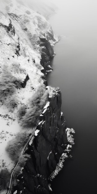 Schwarz-Weiß-Luftfoto einer schneebedeckten Klippe