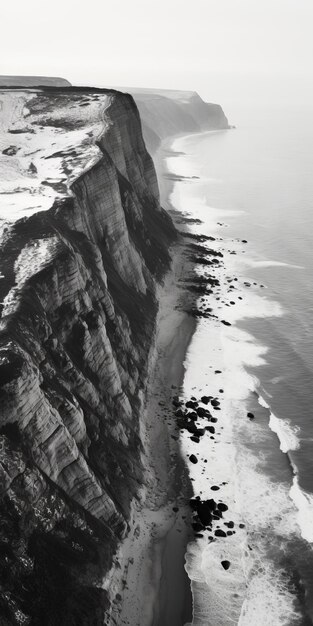 Schwarz-Weiß-Luftfotografie von Klippen an einem Winterstrand