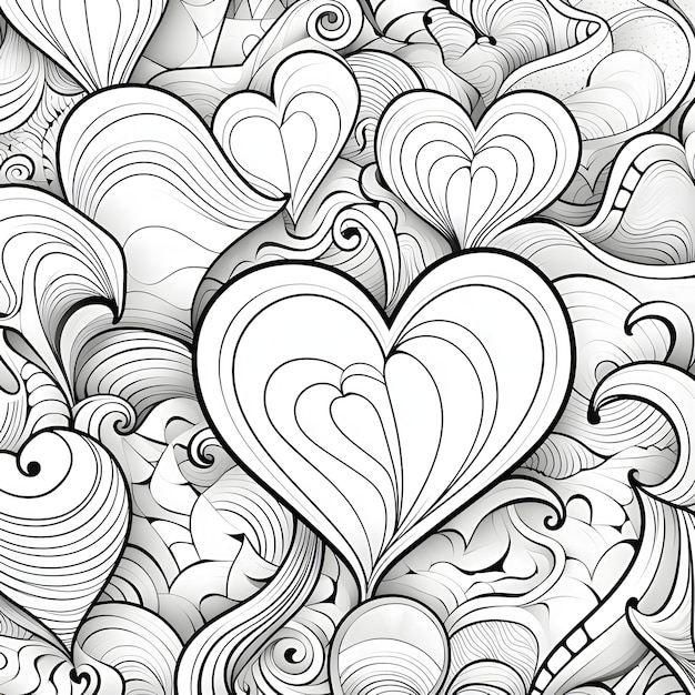 Schwarz-Weiß Malblatt abstrakte Formen von Herzen Wellen Herz als Symbol für Zuneigung und Liebe