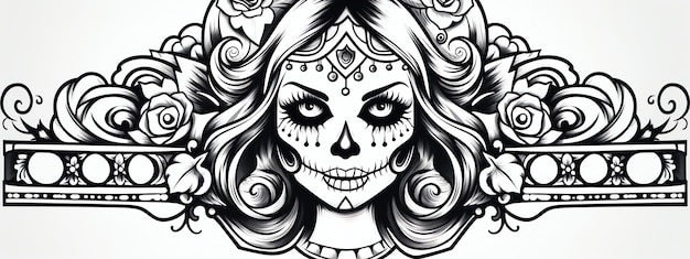 Schwarz-Weiß-Malbuch Catrina, mexikanischer Dia de Muertos, Tag der Toten, Aquarellrand