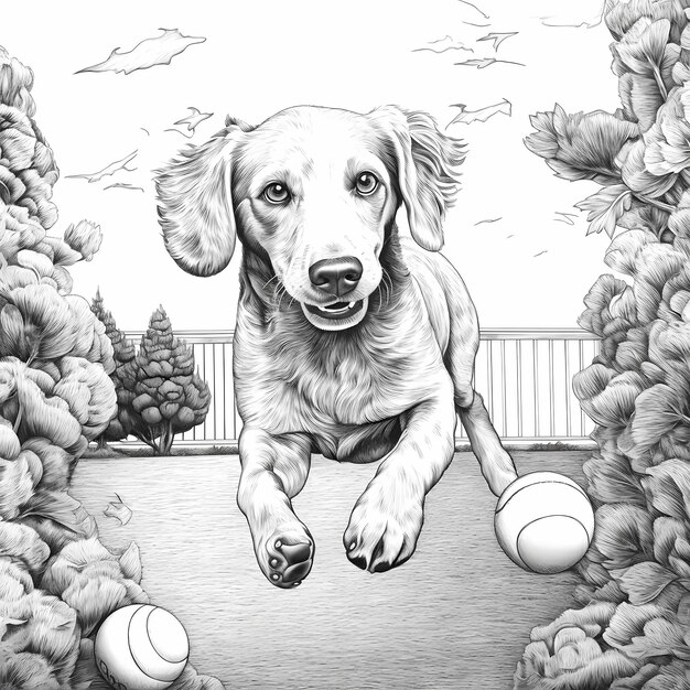 Foto schwarz-weiß-malseite eines hundes, der einen tennisball verfolgt