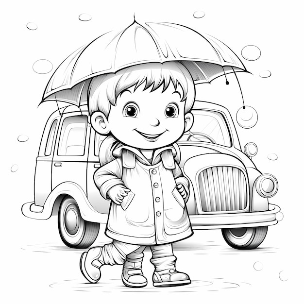 Schwarz-Weiß-Malvorlage für Kinder Cartoon-Stil süßer LKW mit Regenmantel