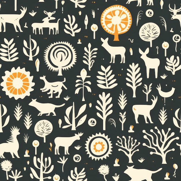 Schwarz-Weiß-Muster mit Tieren und Bäumen im Wald