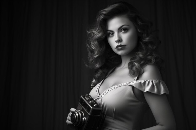 Schwarz-Weiß-Porträt einer Frau mit Kamera im alten Hollywood-Glamour-Stil