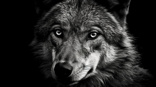 Schwarz-Weiß-Porträt eines Wolfes auf schwarzem Hintergrund. Generative KI