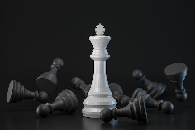 Schwarz-Weiß-Schachfigur an dunkler Wand mit Strategie oder anderem Konzept. König der Schach- und Kontrastideen. 3D-Rendering.