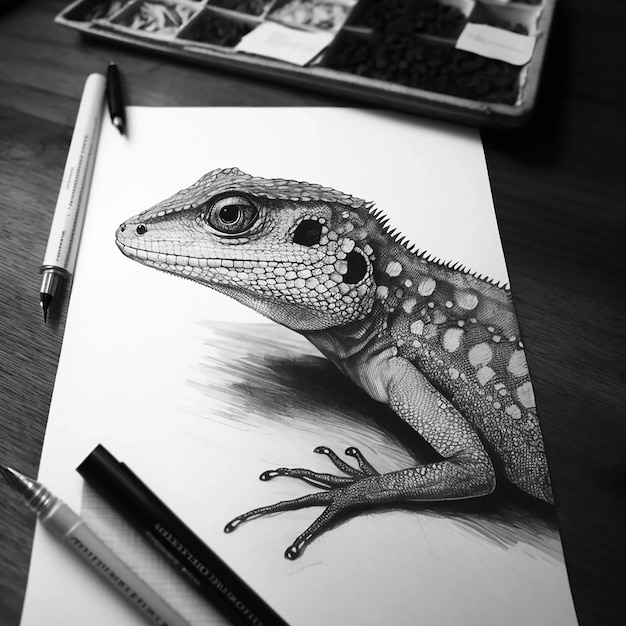 Foto schwarz-weiß-skizze eines reptil-tattoos auf einem blatt papier made with ai