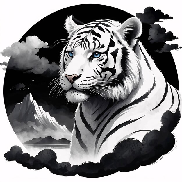 Schwarz-Weiß-Sumi-E-Tinte-Stil-Illustration Weißer Tiger Traditionelle Malerei