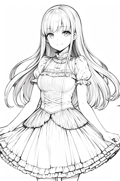 Schwarz-weiße einfarbige Strichzeichnung Anime niedlicher Cartoon-Mädchen-Charakter-Illustrationshintergrund