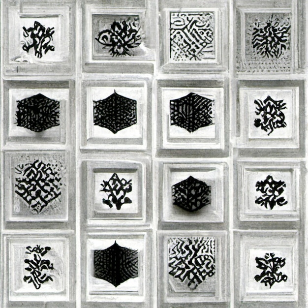 schwarz-weiße Fotografie einer Wand mit vielen verschiedenen Designs generative ai