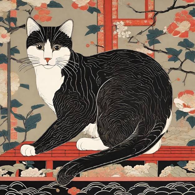 schwarz-weiße Katze im japanischen Ukiyo-e-Stil