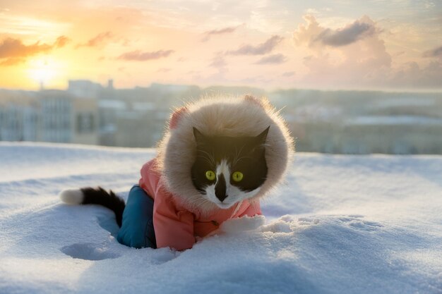 Schwarz-weiße Katze in Winterkleidung auf dem Schnee