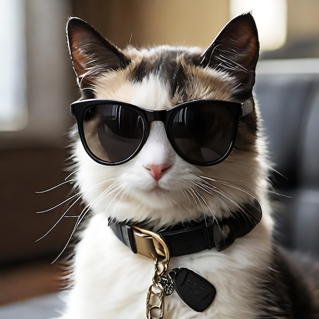 Schwarz-weiße Katze mit dunkler Sonnenbrille, generiert von KI