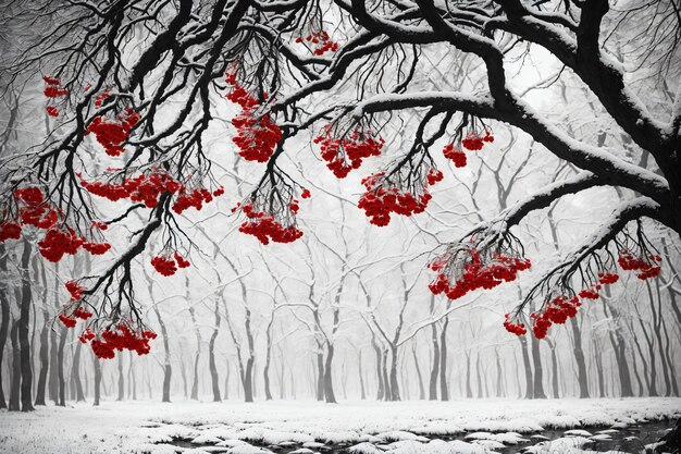 Schwarz-weiße Landschaft eines Waldes mit roten Pflanzen