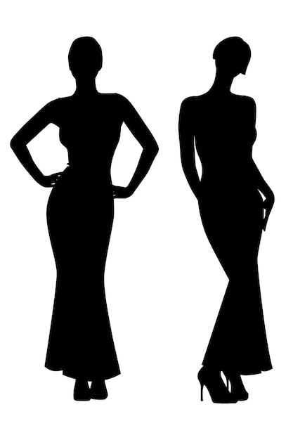 schwarz-weiße Silhouette einer jungen Frau in einem kurzen Vektorkleid