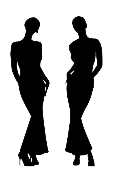 schwarz-weiße Silhouette einer jungen Frau in einem kurzen Vektorkleid