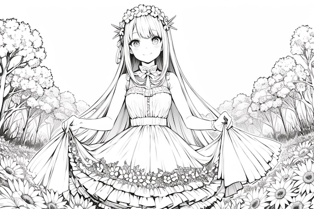 Schwarz-weiße Skizze eines Mädchens in einem Kleid mit Blumen darauf