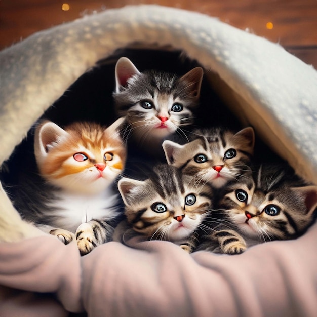 Schwarz-weiße, süße, entzückende Kätzchen, die in einer gemütlichen Deckenfestung zusammengekuschelt sind