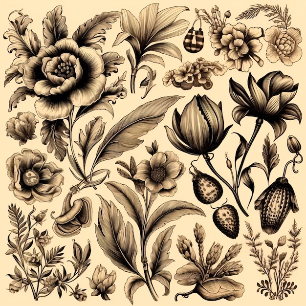 Foto schwarz-weiße zeichnungen von blumen und pflanzen handzeichnungen bild