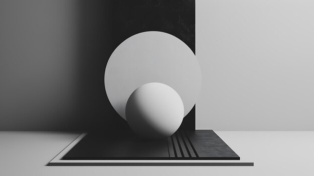 Schwarz-weißer abstrakter Hintergrund mit einer Kugel auf einem Podium 3D-Rendering