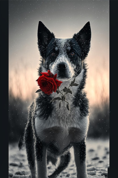 Schwarz-weißer Hund mit einer roten Rose im Maul, generative KI