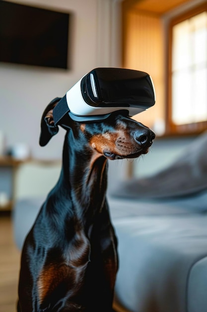 Schwarz-weißer Hund mit Virtual-Reality-Headset