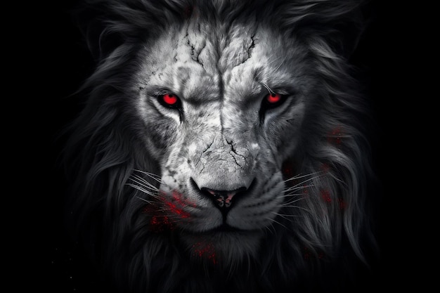 Schwarz-Weißer Löwe mit roten Augen KI