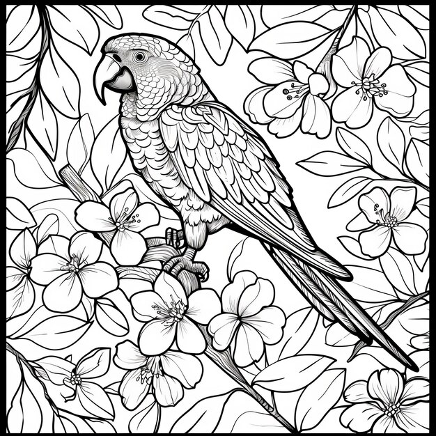Schwarz-weißer Papagei mit Blumenelementen, klarer Platz für Text oben und unten, perfekt für
