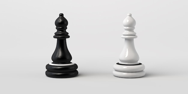 Schwarz-weißer Schachbischof, der sich gegenübersteht. Isoliert auf weißem Hintergrund.