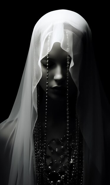 Schwarz-weißes Fantasy-Modeporträt eines verhüllten Mädchenmodells mit Hexenschleier, dunkler Haut und wenig Licht