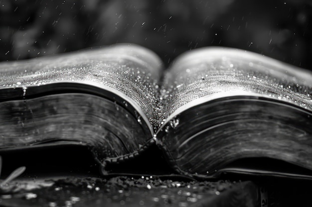 Foto schwarz-weißes foto eines alten buches mit wassertropfen auf den seiten