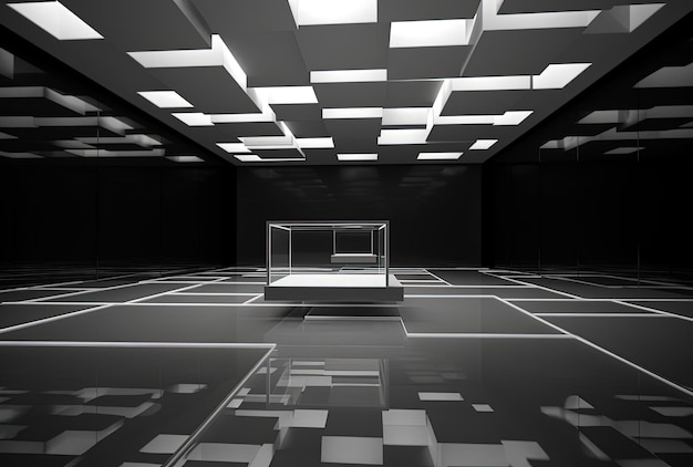 schwarz-weißes Foto eines Raumes mit Glasböden