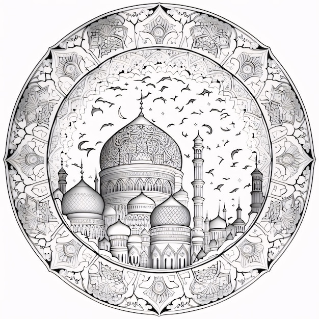 Foto schwarz-weißes malblatt einer moschee in einem kreis moschee als ort des gebets für muslime