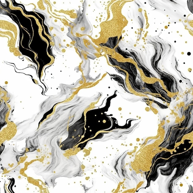 Schwarz-weißes Marmormuster mit goldenen und schwarzen Farbspritzern.