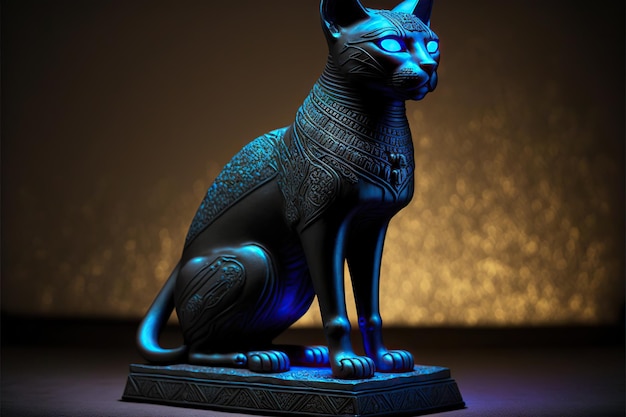 Schwarze ägyptische Katzenstatue mit leuchtend blauem Licht in der Dunkelheit, erstellt mit generativer KI