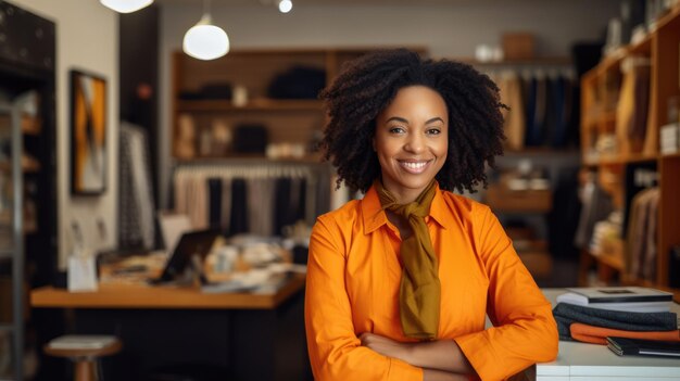 Foto schwarze afrikanische frau lächelt in ihrem laden, besitzerin eines kleinen unternehmens