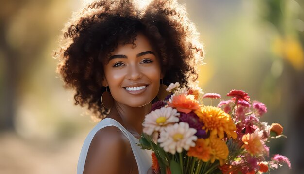 Schwarze afrikanische Frau mit Blumenstrauß Valentinstagskonzept