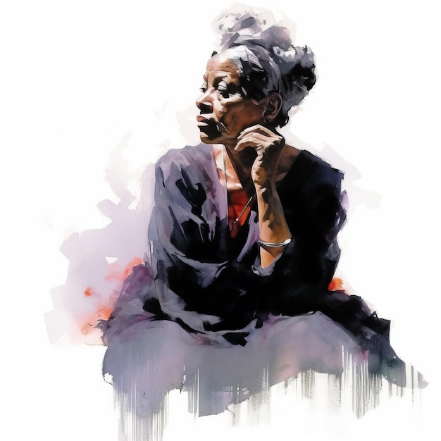 Schwarze alte Frau im Denken und Zweifeln, Aquarell-Illustration. Weibliche Figur mit verträumtem Gesicht auf abstraktem Hintergrund. AI-generiertes Aquarell-Poster