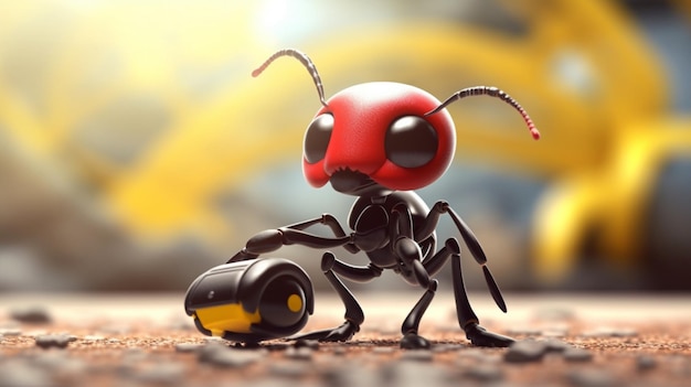 Schwarze Ameise mit gelbem Helm mit rotem Wagen CartoonGenerative KI