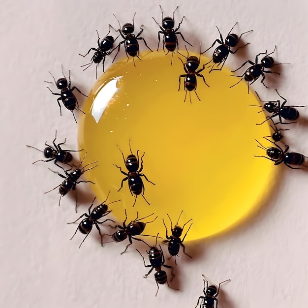 Schwarze Ameisen essen Honigtropfen Konzept der Teamarbeit oder fleißig oder Einheit
