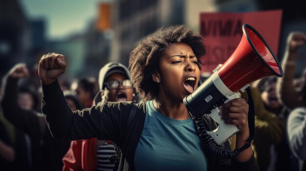 Schwarze Arbeiteraktivistin protestiert während einer Demonstration mit Megaphon