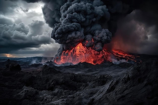 Schwarze Aschewolke, rote Lava, apokalyptische Szene, generative KI