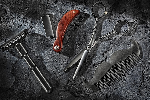 Schwarze Barbrbers Tools Set Auf Sone Schiefer Hintergrund