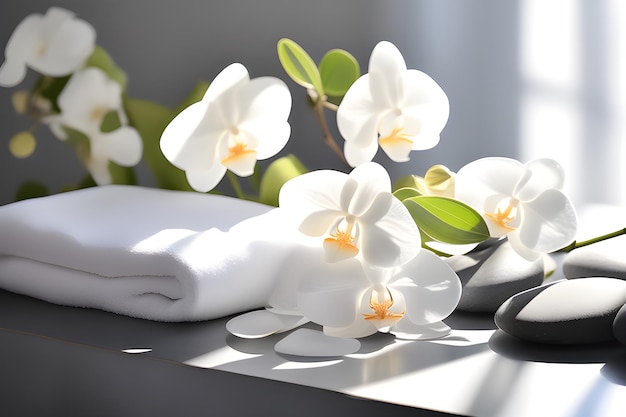 Schwarze Basaltsteine für Spa-Behandlungen mit weißen Orchideenblumen Spielplatz-AI-Plattform