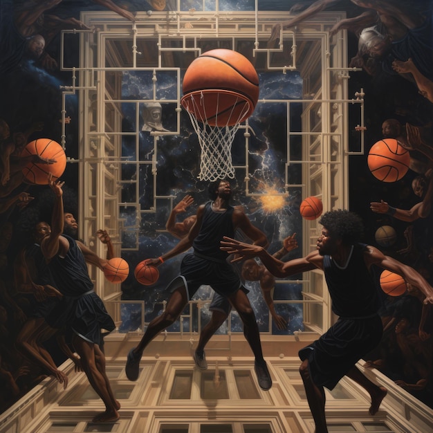 Foto schwarze basketballstars überschreiten den raum in einem meisterwerk der kosmischen renaissance