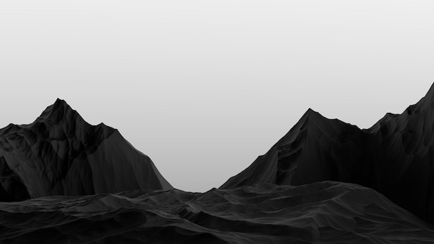 Schwarze Berge Felsen gegen einen weißen grauen Himmel Ein düsteres Konzept einer mysteriösen Bergregion 3D-Rendering