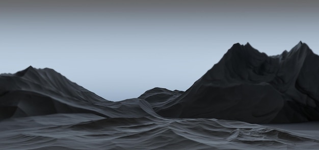 Schwarze Berge sind düster. Felsen, felsiges Gelände in Unschärfe. Abstrakte Berglandschaft in der Dunkelheit. 3D-Rendering