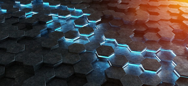 Schwarze blaue und orange Wiedergabe des Hexagonhintergrund-Musters 3D