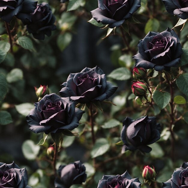 Foto schwarze blühende rosenblumen nahtloses muster schöne blumen digitale hintergrunddesign wandkunst